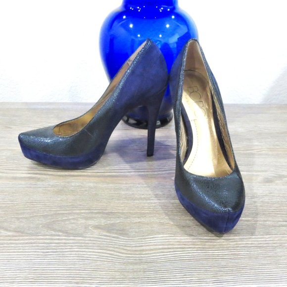 BCBG Paris Shoes - BCBG PAMEE Dark Blue Leather & Suede Stiletto High Heels Shimmer